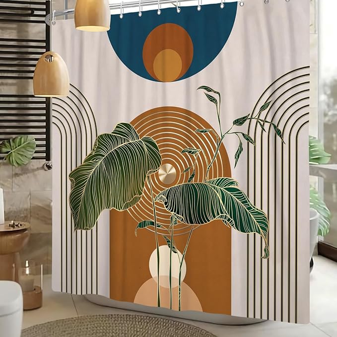 Boho Shower Curtain for Bathroom Modern Mid Century Plant Palm Leaves Bath Curtain Modern Minimalist Geometric Arch Bath Decor Waterproof Polyester Fabric Curtains Set 72x78 inch