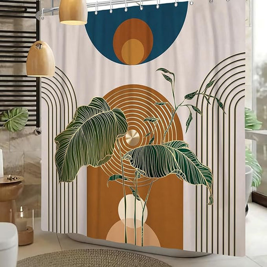 Boho Shower Curtain for Bathroom Modern Mid Century Plant Palm Leaves Bath Curtain Modern Minimalist Geometric Arch Bath Decor Waterproof Polyester Fabric Curtains Set 72x78 inch