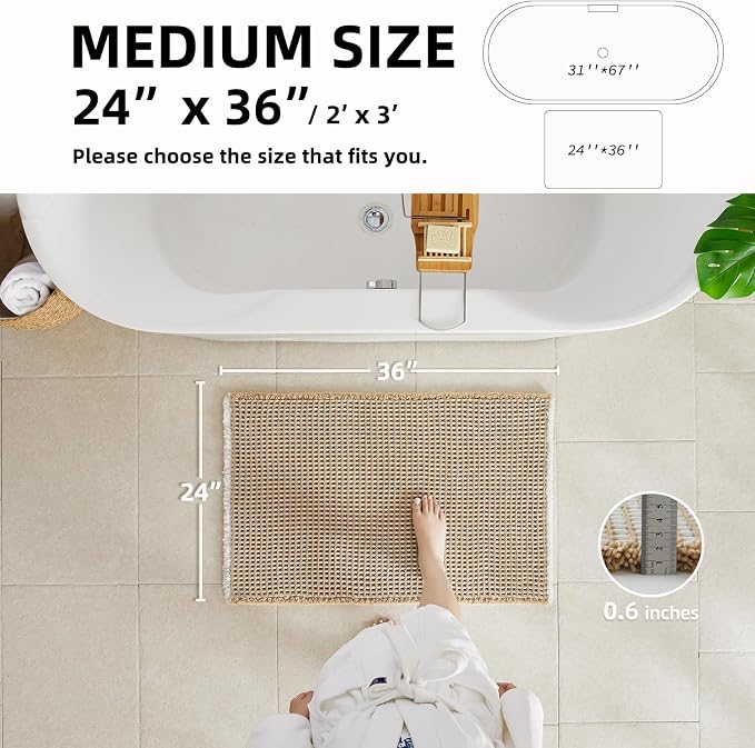 TYUU Waffle Bath Mat, Boho Bathroom Rugs Non Slip, 36x24 Khaki & White | Super Absorbent Quick Dry Bath Rug, Non-Slip Backing, Soft Waffle Washable Farmhouse Bathroom Mats, Tub, Shower & Home Decor