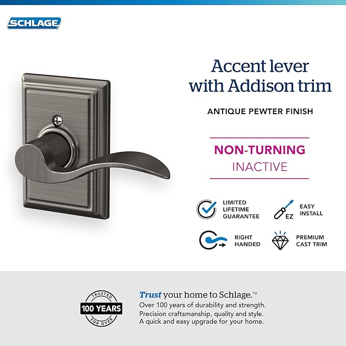SCHLAGE Accent Lever with Addison Trim Non-Turning Lock in Antique Pewter - Right Handed - F170 ACC 620 ADD RH