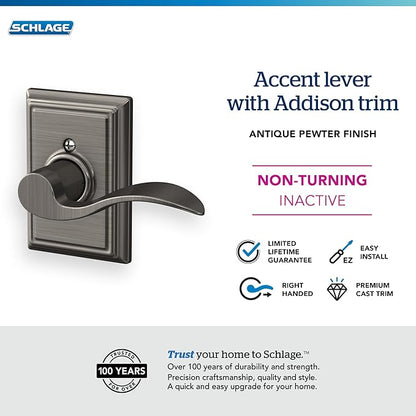 SCHLAGE Accent Lever with Addison Trim Non-Turning Lock in Antique Pewter - Right Handed - F170 ACC 620 ADD RH