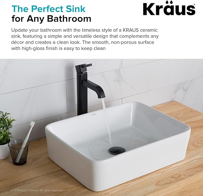KRAUS Elavo Modern Rectangular Vessel White Porcelain Ceramic Bathroom Sink, 19 inch KCV-121