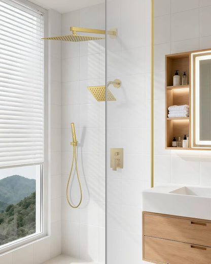 Rain Shower System 12" & 6" Dual Shower Heads, Wall Mount Shower Faucet Set | Ideal for bathroom remodels and upgrades with 12" rain shower, 6" angled shower, handheld spray and complete valve kit.