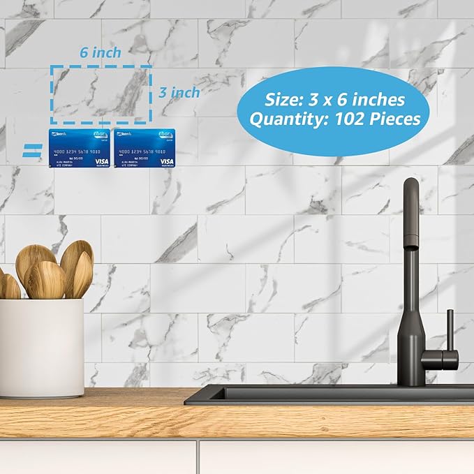 Art3d 102-Pack Peel and Stick Backsplash on Subway Tile, Gray Marble | 3 x 6 in, PVC, Self Adhesive, Waterproof, Traceless Peel, Modular Splicing, Ideal for Vanities, Bathrooms