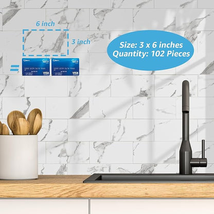 Art3d 102-Pack Peel and Stick Backsplash on Subway Tile, Gray Marble | 3 x 6 in, PVC, Self Adhesive, Waterproof, Traceless Peel, Modular Splicing, Ideal for Vanities, Bathrooms