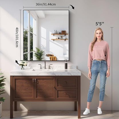 YIROMAN Bathroom Mirror 36"x40", Matte Black Bathroom Mirror for Over Sink with Aluminum Frame, Rectangular Vanity Mirror with Right Angle, Wall Mirror Hangs Horizontal or Vertical, Shatterproof