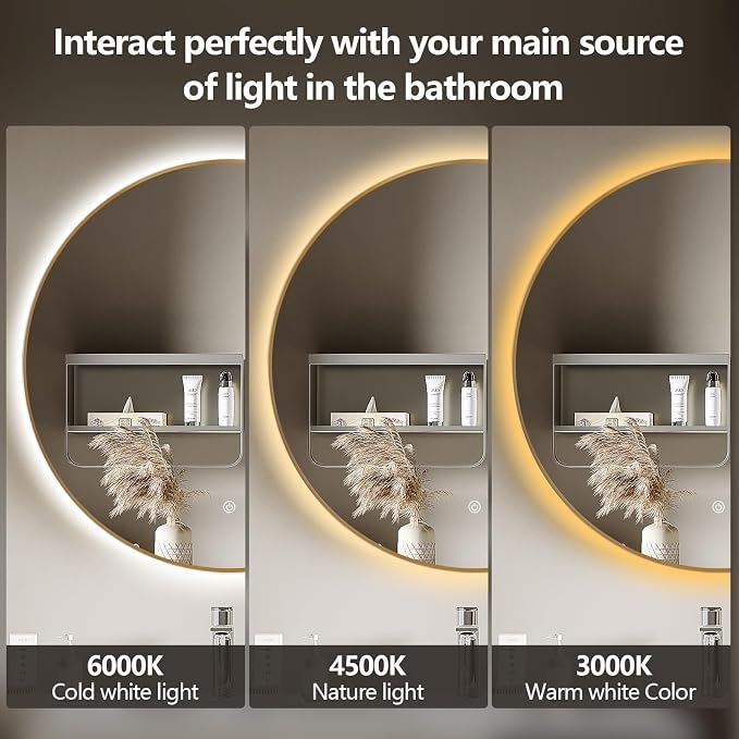 Niccy Round LED Bathroom Mirrors, Gold Framed Backlit Vanity Mirror, 36" | LED Smart Circle Mirror with 3 Color Lighting, Anti-Fog Lighted, IP65 Waterproof, Wall Mounted Bathroom Vanity