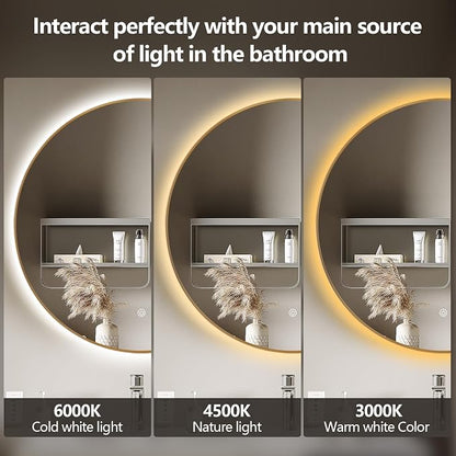 Niccy Round LED Bathroom Mirrors, Gold Framed Backlit Vanity Mirror, 36" | LED Smart Circle Mirror with 3 Color Lighting, Anti-Fog Lighted, IP65 Waterproof, Wall Mounted Bathroom Vanity