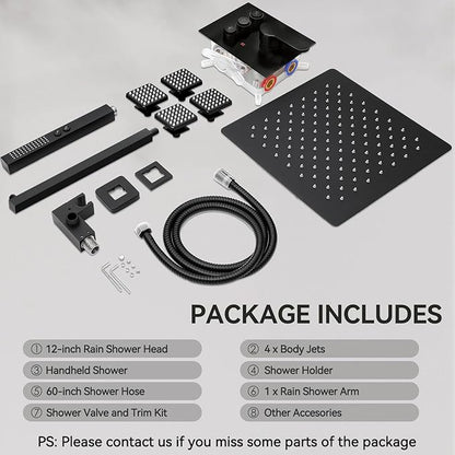 Shower System with 4 Body Jets Matte Black, STARBATH 12" Square Wall Mounted Rain Shower with Handheld Sprayer, Can Use All at Once, Push Button Complete Shower Faucets Sets with Valve and Trim Kit