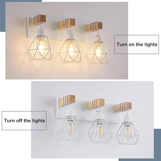 VbiTmn Bathroom Light Fixtures, 3 Light White Farmhouse Wood Vanity Lights | Rustic Design, Diamond Metal Shades, Easy to Install, Wall Sconces for Bathroom, Bedroom, Makeup Area, Over Vanity Mirror
