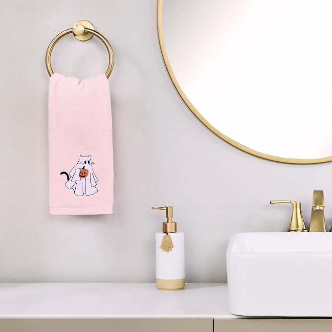 SKL Home Halloween Ghost Cat Hand Towel Set-2pc, 100% Cotton, Pink | Soft, embroidered velour. Great for the bathroom, kitchen or bar & gifting.