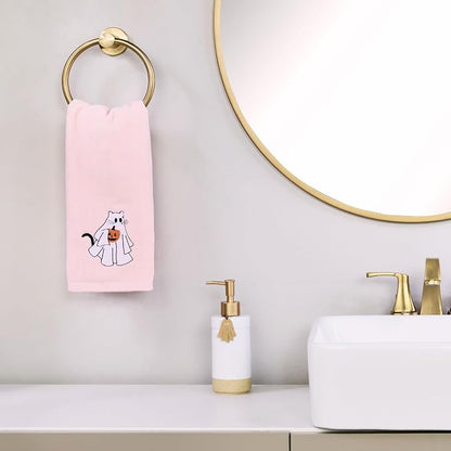 SKL Home Halloween Ghost Cat Hand Towel Set-2pc, 100% Cotton, Pink | Soft, embroidered velour. Great for the bathroom, kitchen or bar & gifting.
