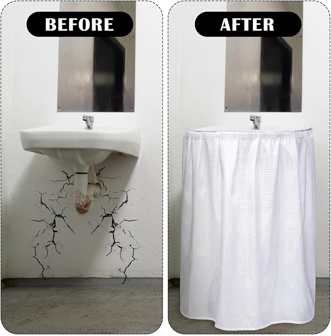 Fabric Sink Skirt Diamond Bathroom Stitch Self Stick Adhesive Waterproof Fabric Under Sink Curtain Skirt 55 x 32 Inch Adds Bathroom Storage(White,Fashion Style)