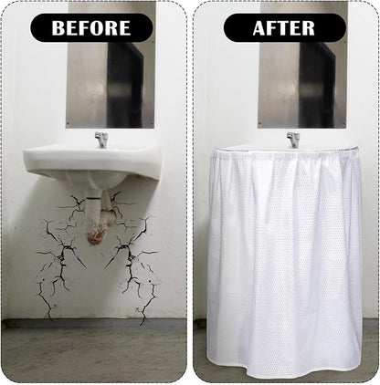Fabric Sink Skirt Diamond Bathroom Stitch Self Stick Adhesive Waterproof Fabric Under Sink Curtain Skirt 55 x 32 Inch Adds Bathroom Storage(White,Fashion Style)
