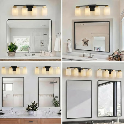 4-Light Square Bathroom Light Fixture, Black and Gold Modern Vanity Light with White Marble Glass Shade, for Bathroom Mirror, Living Room, Bedroom, Hallway, E26 Base