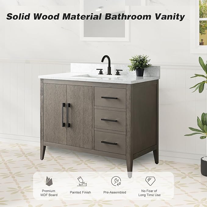 HomeBeyond 42 Inch Bathroom Vanity with Sink & Ceramic Top, Single Vanity Cabinet with Basin, Soft-Closing Door & Matts Black Hardware, Driftwood Gray