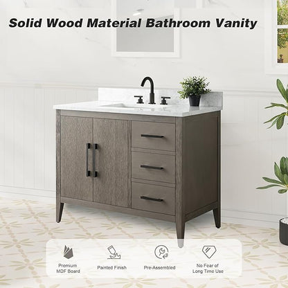 HomeBeyond 42 Inch Bathroom Vanity with Sink & Ceramic Top, Single Vanity Cabinet with Basin, Soft-Closing Door & Matts Black Hardware, Driftwood Gray