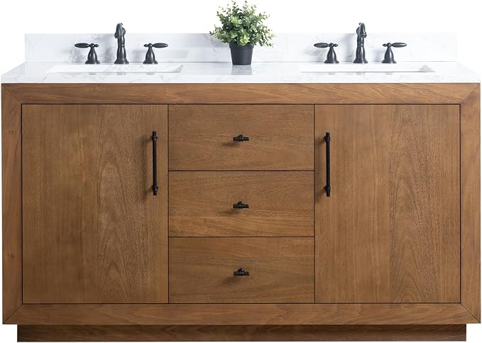 Vanity Art 60 inch Double Sink Bathroom Vanity, Solid Poplar Wood, Vanity Cabinet with Doors and Shelf, Modern Wood Bathroom Vanity with White Marble Top, 3 Functioning Drawers, VA70-60-DT-E