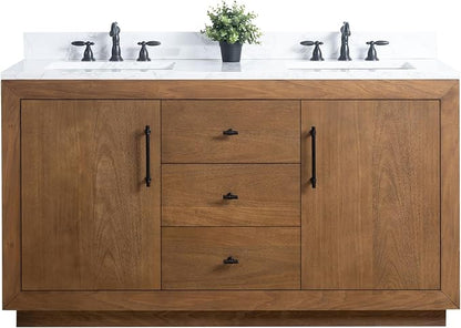 Vanity Art 60 inch Double Sink Bathroom Vanity, Solid Poplar Wood, Vanity Cabinet with Doors and Shelf, Modern Wood Bathroom Vanity with White Marble Top, 3 Functioning Drawers, VA70-60-DT-E