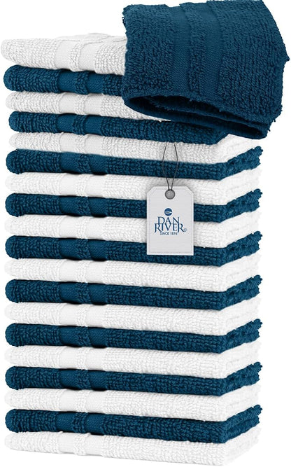 DAN RIVER 100% Cotton Washcloths 20 Pack Premium Quality Face and Body Cloth, Quick Dry Essential Towels for Bathroom, Hand, Kitchen & Cleaning, Baby Washcloths | 11X11 in | 400 GSM | Blue Opal+White