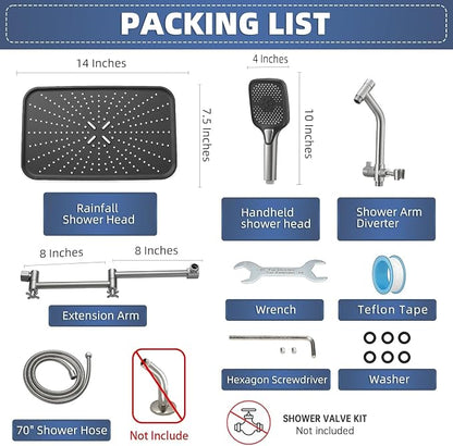 14" High Pressure Rain/Rainfall Shower Heads With Handheld Spray Combo (3+1 Settings & Built-in Power Wash Mode), Double/Dual Shower Head With Handheld - Height/Angle Adjustable(Brushed Nickel)