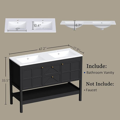 Bathroom Vanity with Double Sink Set, 48 Inch Pedestal Sink Storage Cabinet with 2 Drawers & 2 Doors, Mid-Century Modern Bathroom Vanity with Open Bottom Shelf, Black