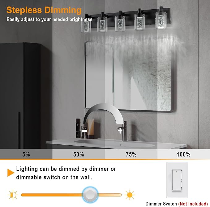 SineRise Vanity Light with 3 Color Modes (3000K/4000K/6000K), Eye Protection LED Bathroom Light Fixture, Dimmable Modern Wall Light Over Mirror with Clear Glass Shade (Black, 5-Light)