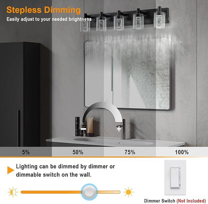 SineRise Vanity Light with 3 Color Modes (3000K/4000K/6000K), Eye Protection LED Bathroom Light Fixture, Dimmable Modern Wall Light Over Mirror with Clear Glass Shade (Black, 5-Light)