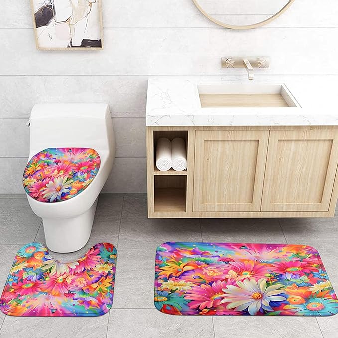 4-Piece Sunflower Shower Curtain Pink Blue Flower Bathroom Set with Shower Curtain and Rugs, Pastel Daisy Bath Set with Hooks for Home Decor