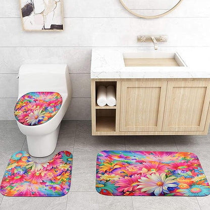 4-Piece Sunflower Shower Curtain Pink Blue Flower Bathroom Set with Shower Curtain and Rugs, Pastel Daisy Bath Set with Hooks for Home Decor