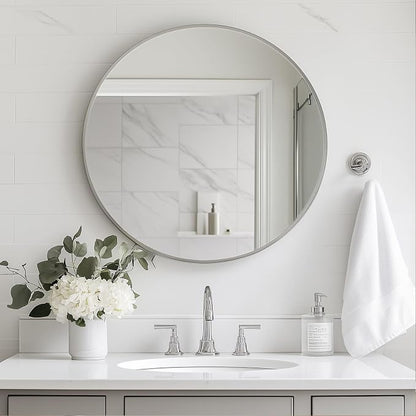 Round Mirror, 26 inch Silver Circle Mirror,Bruhsed Nickel Metal Frame | High Definition,Waterproof,Rust-resistant,Round Mounted Mirrors for Bathroom,Living Room,Bedroom,Hallyway,Vanity,Wall Décor