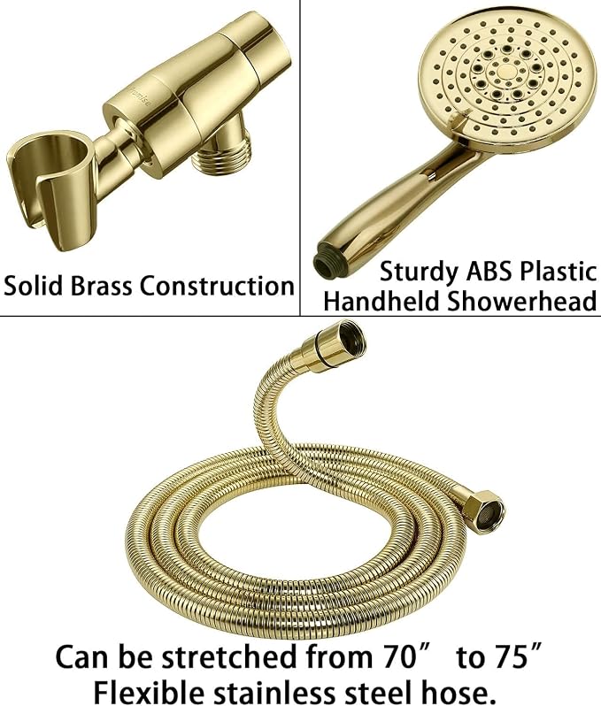 G-Promise Detachable Handheld Shower Head with Metal Holder & Hose | High Pressure, Adjustable Solid Brass Bracket Holder, 6 Spray Settings, 70" to 75" Long Stainless Steel Hose, Easy DIY