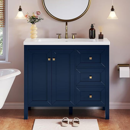 DWVO 36 Inch Bathroom Vanity with Sink Combo, Modern Bathroom Storage Cabinet with Resin Basin, Three Holes, 2 Doors & 3 Drawers, Navy Blue