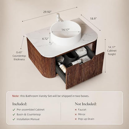 30 Inch Bathroom Vanity with Sink, Floating Wall Mounted Single Sink Vanity, Dark Walnut Curved Fluted Front, Stone Top, Pure White Round Vessel Basin, Pre-Assembled