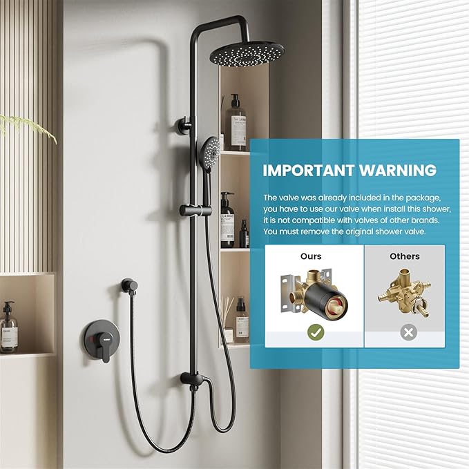 Hurran Shower System with 10 Inch Rain Shower Head and Handheld Sprayer, 3-Function Wall Mounted Bathroom Shower Faucet Set Height Adjustable Holder, Modern Shower Trim Kit Valve Included, Matte Black