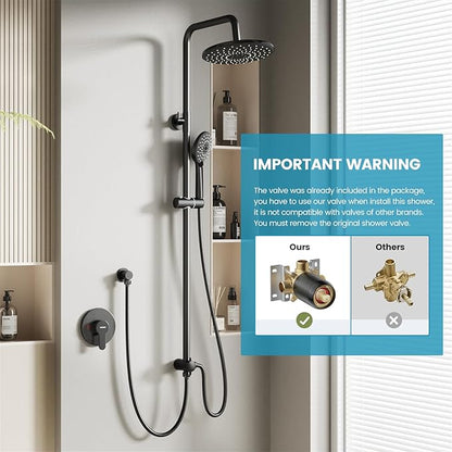 Hurran Shower System with 10 Inch Rain Shower Head and Handheld Sprayer, 3-Function Wall Mounted Bathroom Shower Faucet Set Height Adjustable Holder, Modern Shower Trim Kit Valve Included, Matte Black