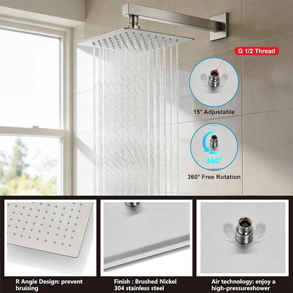 Midanya Shower System with Tub Spout,10 Inch Shower Head,Brushed Nickel | with Valve & Trim Kit,Square Rain Head,Handheld Sprayer,Waterfall Spout,All Metal Wall Mount Bathroom Shower Tub Faucet Set