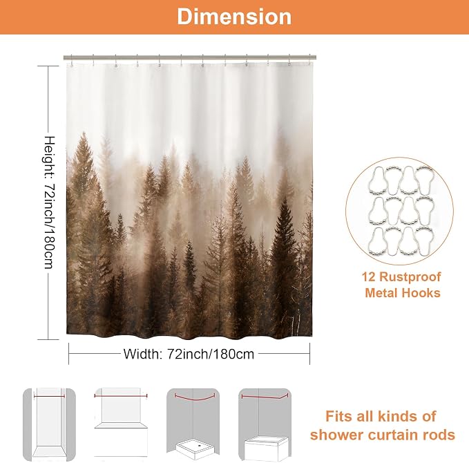 ORTIGIA Brown Misty Forest Shower Curtain for Bathroom, Nature Woodland Shower Curtain Set with Hooks, Decorative Pine Tree Fog Magic Bath Curtain for Home, Waterproof Fabric, Weighted, 72x72