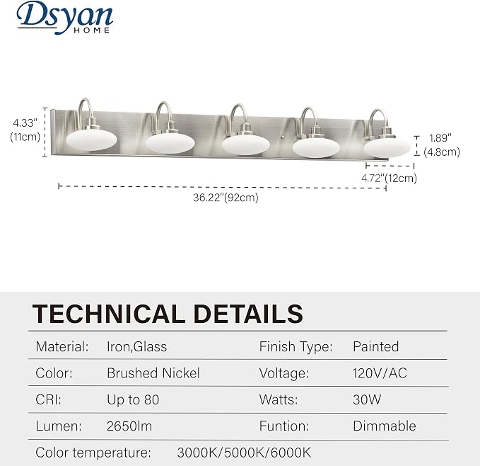 36in Brushed Nickel LED Vanity Light Fixtures,5-Light Brushed Nickel Bathroom Light Fixture,Bathroom Light Over Mirror, Modern Vanity Lights for Bath,3000K-6000K, Dimmable