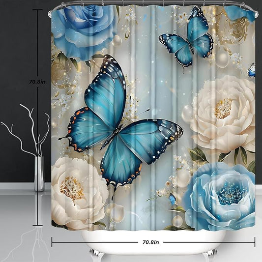 Chrainy 4pcs Rose Butterflies Shower Cutain Set Bathroom Decor with Rugs | Floral Bath Accessories with Waterproof Curtain, Bath Mat, Toilet Lid Cover, U-Shaped Rug and 12 Hooks for Washroom, 71*71in