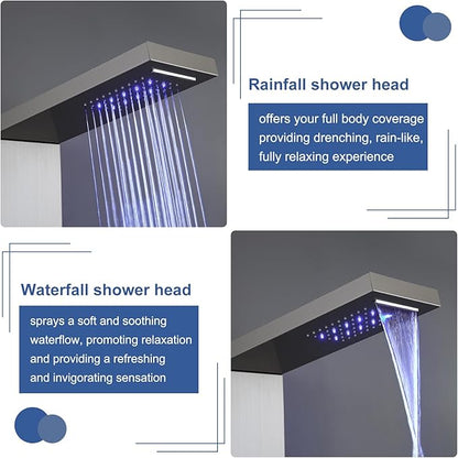 ROVATE LED Rainfall Waterfall Shower Panel Tower System with Shelf, Brushed Shower Column Stainless Steel with Powerful Mist and Massage Body Jets, Handheld, Waterfall Tub Spout