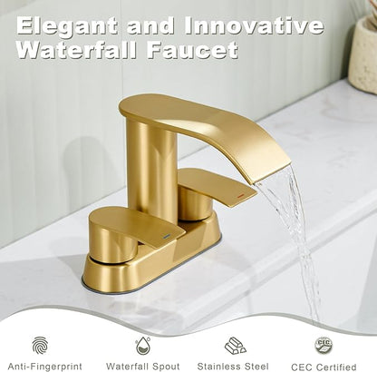 Ultimate Unicorn Bathroom Faucet for Sink Brushed Gold, 4 Inch Bathroom Sink Faucet for 3 or 2 Holes, 2 Handle Waterfall Faucets with Pop up Drain, Centerset Faucets for RV Counter
