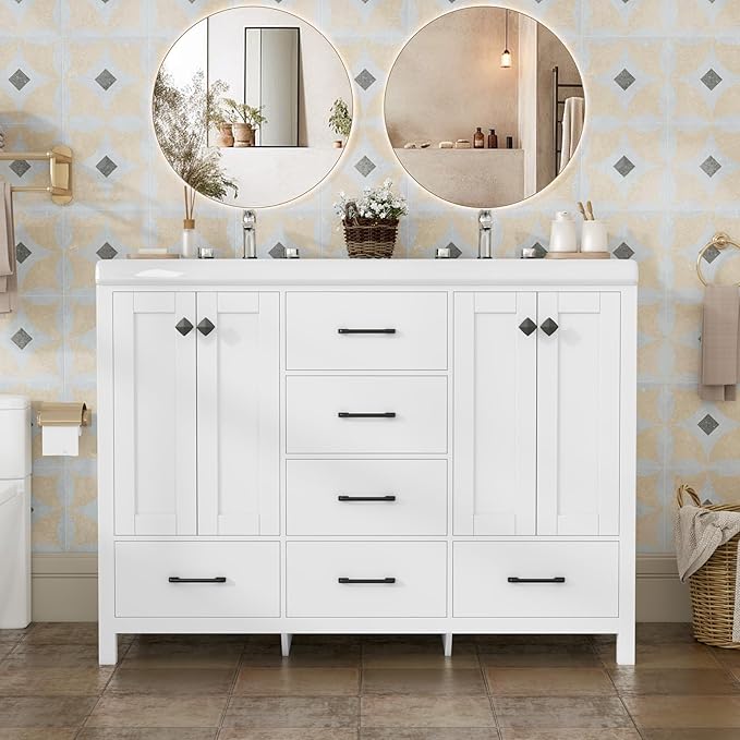 46.7 inch Bathroom Sink Vanity Combo, Large Freestanding Double Bath Vanity Sink Set with 2 Cabinets & 5 Drawers, Dual Basin Modern Bathroom Storage Cabinet, Modern White