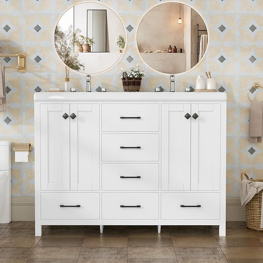 46.7 inch Bathroom Sink Vanity Combo, Large Freestanding Double Bath Vanity Sink Set with 2 Cabinets & 5 Drawers, Dual Basin Modern Bathroom Storage Cabinet, Modern White