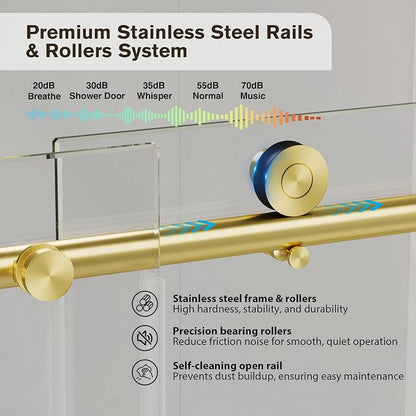 43-48" W x 76" H Frameless Sliding Shower Doors Brushed Gold | 1/4''(6mm) Tempered Glass,Explosion Proof Film,Nano Coating,Stainless Steel Hardware,Easy to Clean,Customizable Width