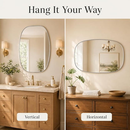 Silver Oval Bathroom Mirrors 24x32 Inch | Oblong Vanity Mirror, Crystal-Clear HD Glass, Rust-Proof Aluminum Frame, Inner-Curved Decor for Bedroom, Entryway