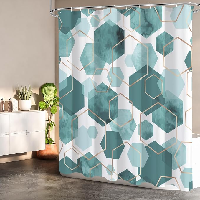 Litabel Extra Long Geometric Shower Curtain for Bathroom, 72x84 | Extra Long Modern Minimalist Shower Curtais, Teal Geometric Art Print Abstract Waterproof Bath Curtain