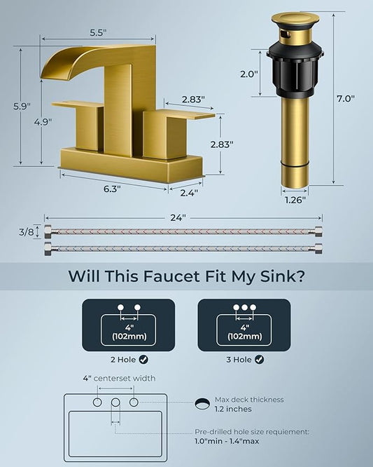 FORIOUS Square Brushed Gold Bathroom Faucets for 2 Hole or 3 Hole, Waterfall 4 Inch Centerset Bathroom Sink Faucet with Pop-up Drain and Supply Lines, Two Handles for Vanity, Laundry Room, 2 Pack