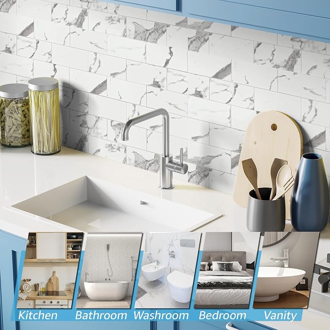 Art3d 102-Pack Peel and Stick Backsplash on Subway Tile, Gray Marble | 3 x 6 in, PVC, Self Adhesive, Waterproof, Traceless Peel, Modular Splicing, Ideal for Vanities, Bathrooms