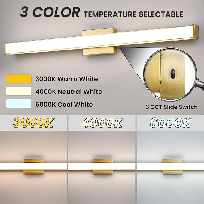 Modern LED Bathroom Vanity Light 36 inch 24W Dimmable 3CCT Bathroom Light Fixture Over Mirror Rectangle Bath Vanity Light Bar with Double Layer Acrylic Shade (Golden)